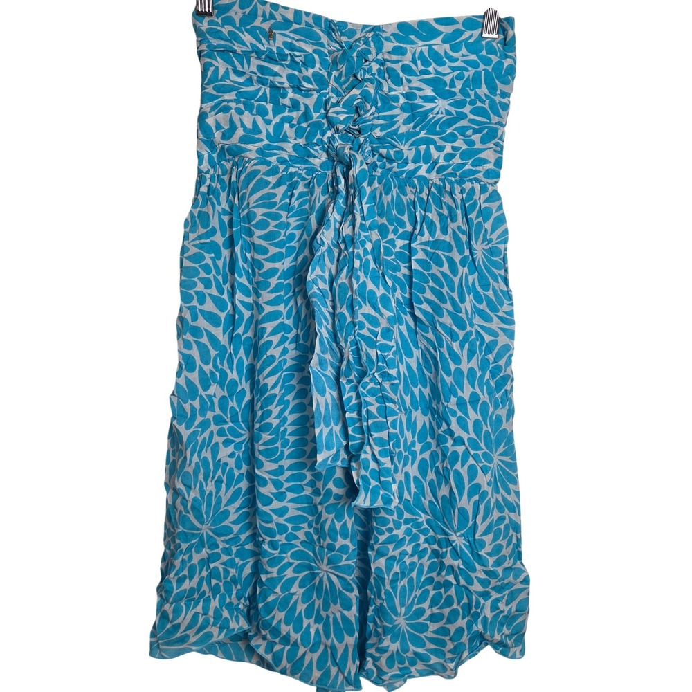 Pineapples Blue‎ White Floral Strapless Dress Ruffle Tie Waist